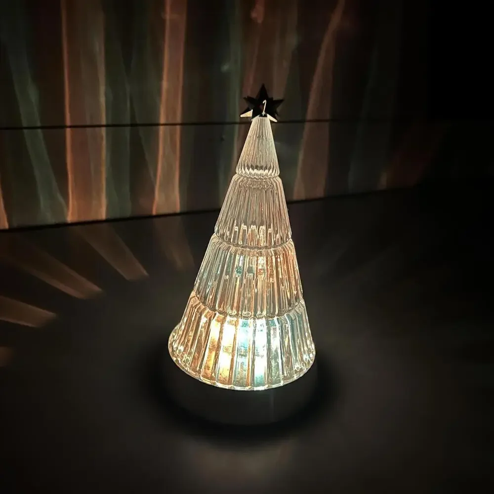 Pre-Lit Glass‎ Christmas Tree Topiary Clear Gold Base Tabletop Battery Lights